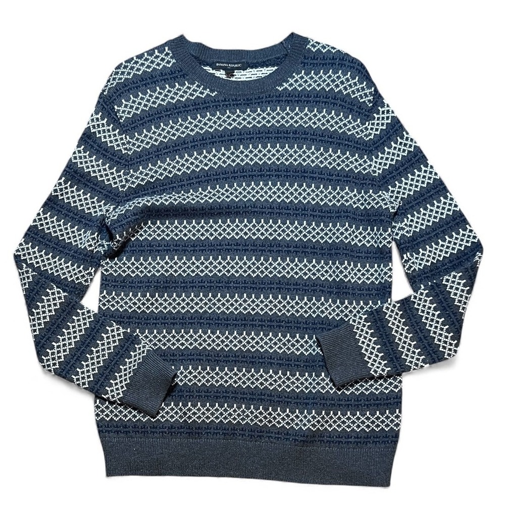 Banana Republic Mens Med‎ Crew Neck Fair Isle Knit Sweater Grey White Wool Blend